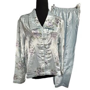 JC Penney DELICATES Pajama Set 2 Pc Satin Blue Floral Button Up
